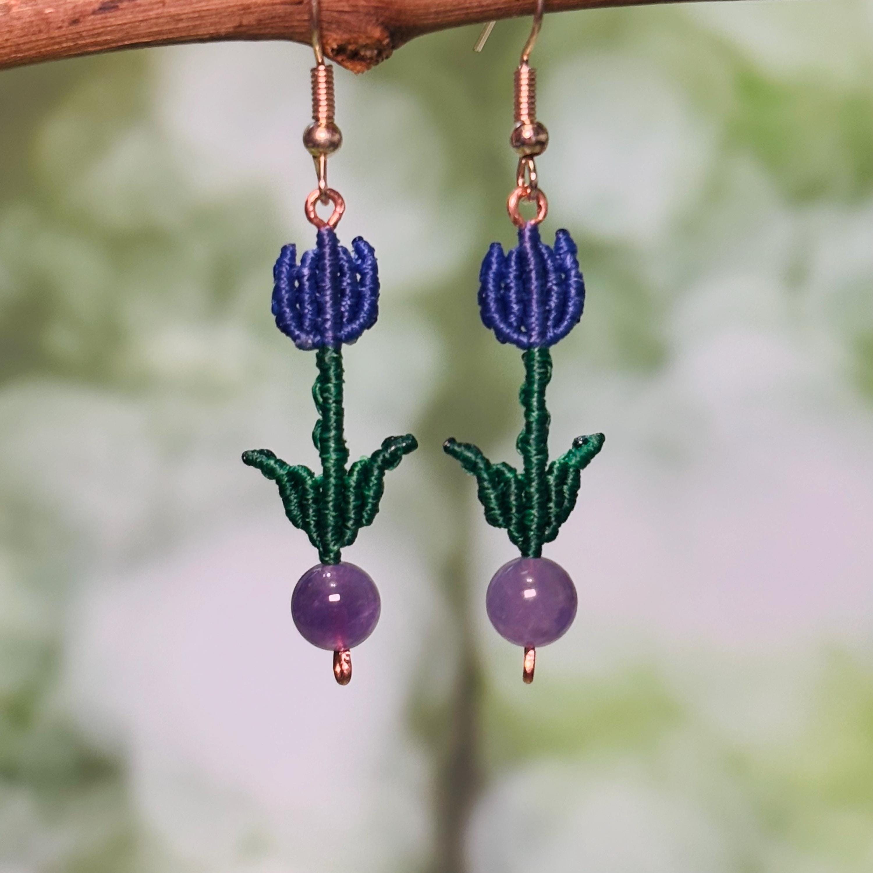 Amethyst Tulip Macrame Dangle Earrings| Charm Earrings Gift| Purple Tulip Amethyst Earrings For Her| Earthy Earrings