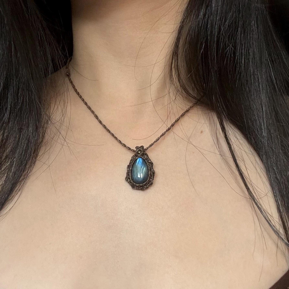 Labradorite Light Brown Cord Pendant Necklace