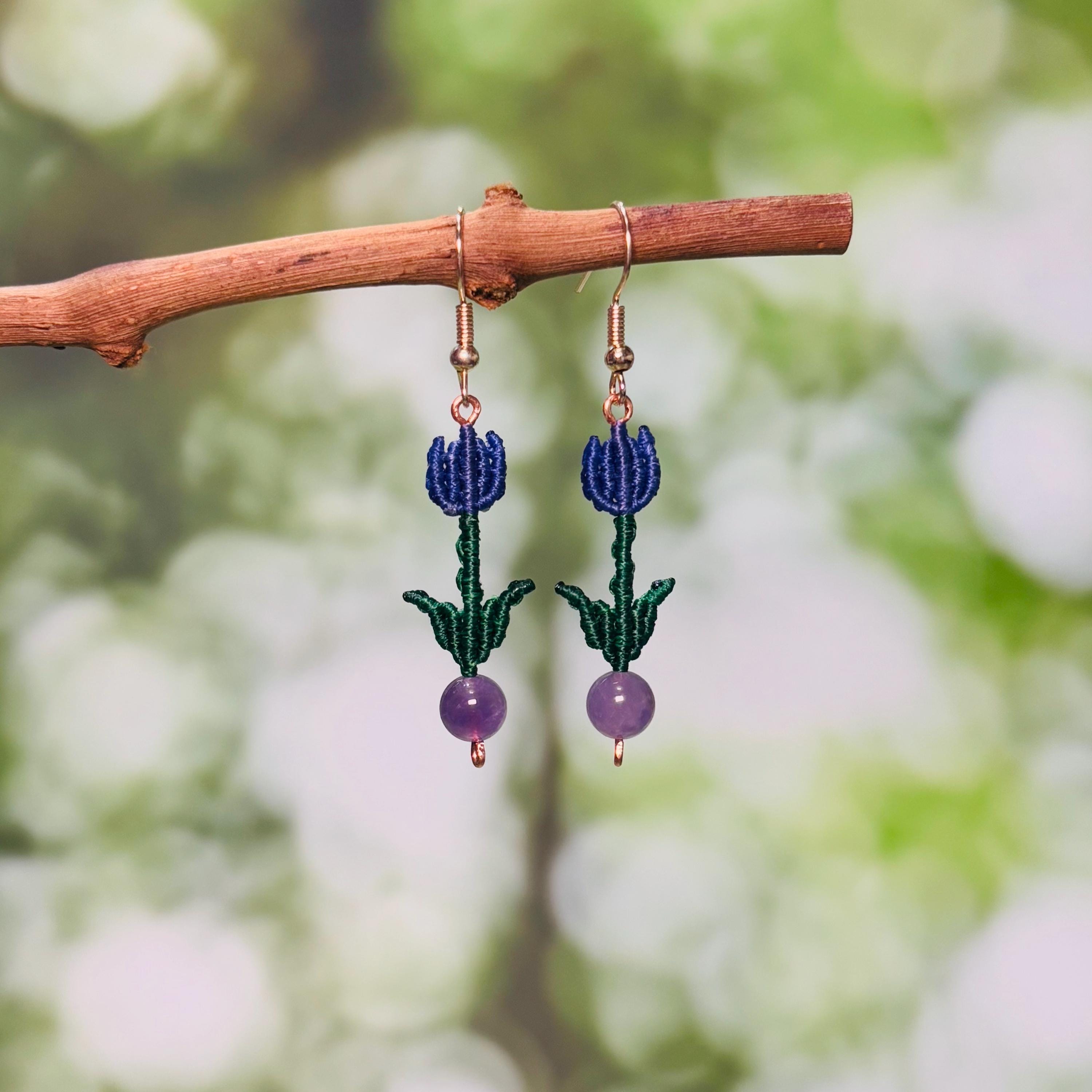 Amethyst Tulip Macrame Dangle Earrings| Charm Earrings Gift| Purple Tulip Amethyst Earrings For Her| Earthy Earrings