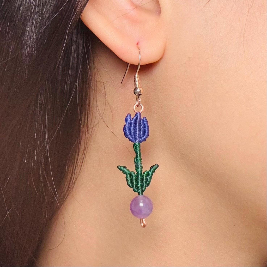 Amethyst Tulip Macrame Dangle Earrings| Charm Earrings Gift| Purple Tulip Amethyst Earrings For Her| Earthy Earrings
