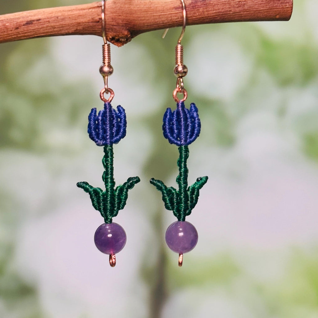 Amethyst Tulip Macrame Dangle Earrings| Charm Earrings Gift| Purple Tulip Amethyst Earrings For Her| Earthy Earrings