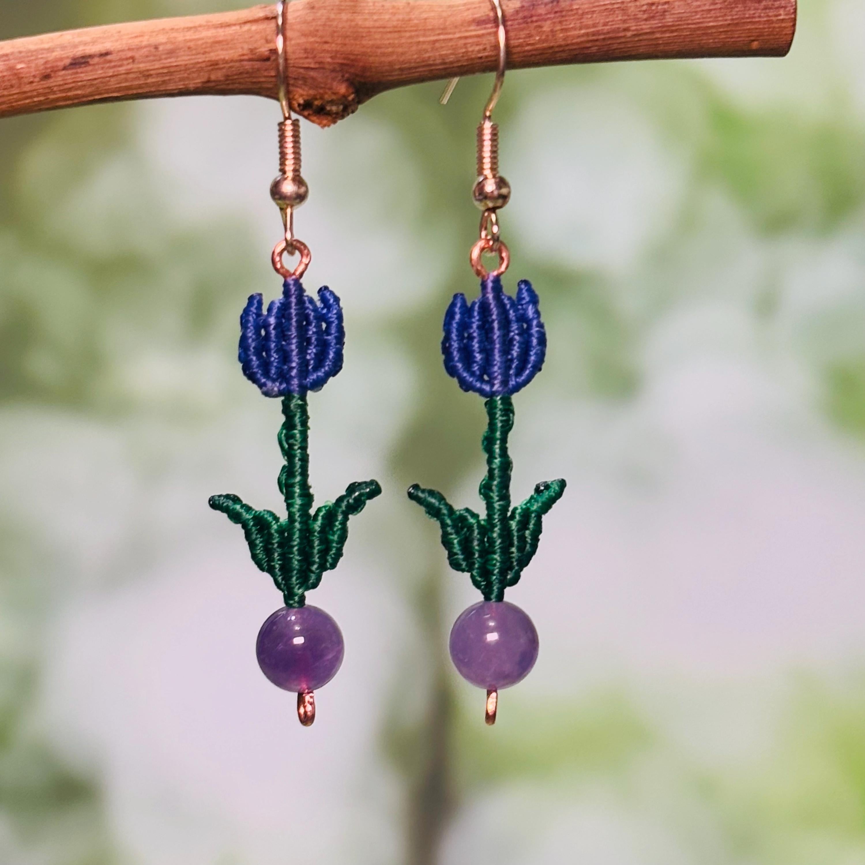 Amethyst Tulip Macrame Dangle Earrings| Charm Earrings Gift| Purple Tulip Amethyst Earrings For Her| Earthy Earrings